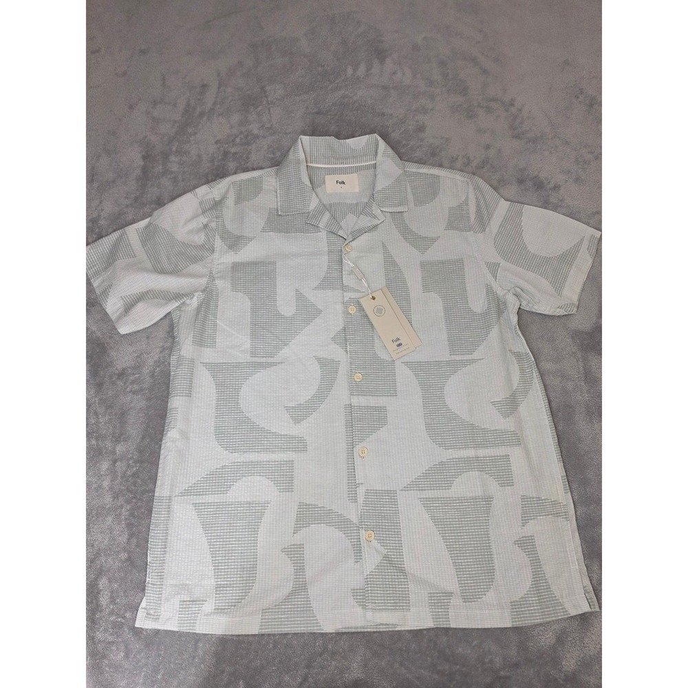 Folk Mens Short Sleeve Geometric Abstract Print Camp Collar Shirt Sage Green L